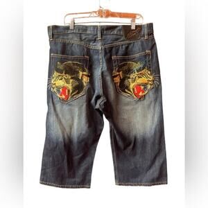 Vtg Ed Hardy Blue Puma Stitched Denim Short Size 36